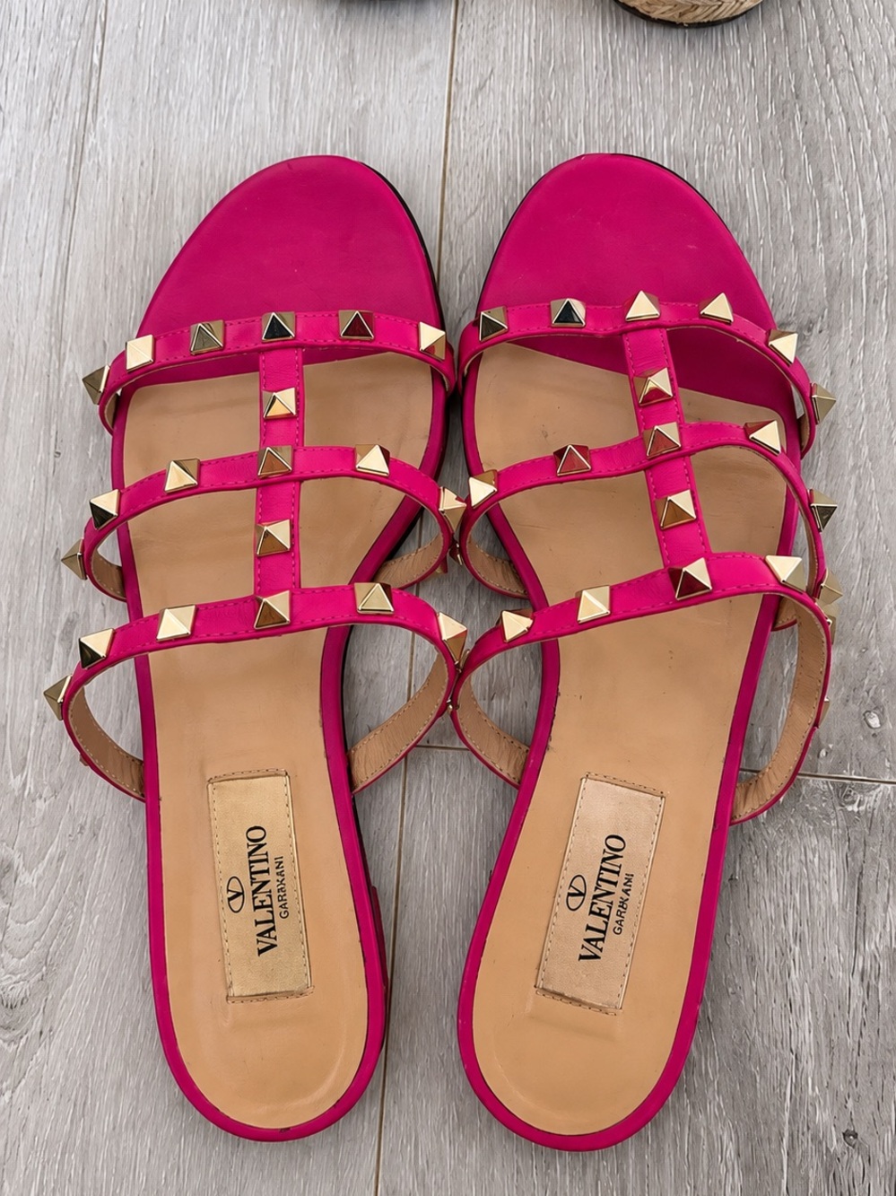 Valentino Garavani Hot Pink Rockstud Multi‑Strap Flat Sandals